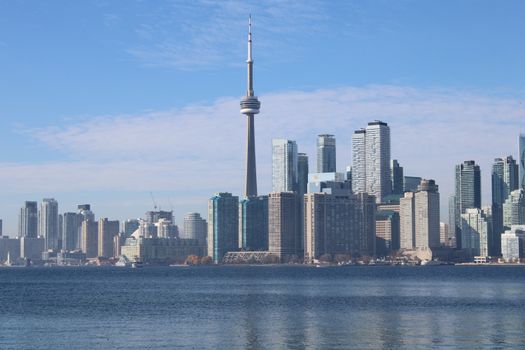 Toronto skyline with the iconic CN Tower and waterfront view.