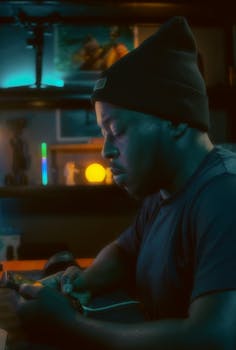 Adult man wearing a beanie, focused on his smartphone in a cozy ambient setting.