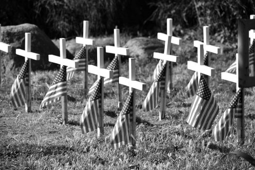 Black and white image of cemetery crosses adorned with American flags, symbolizing remembrance.