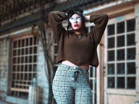 Stylish woman in glasses posing outdoors with a trendy sweater and plaid pants.