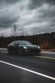 A sleek black sports car drives on a forest highway under overcast skies.