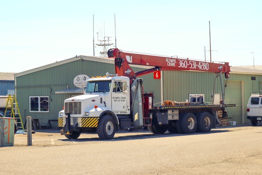 Crane truck parked outside a warehouse in Port Townsend, WA, on a sunny day.