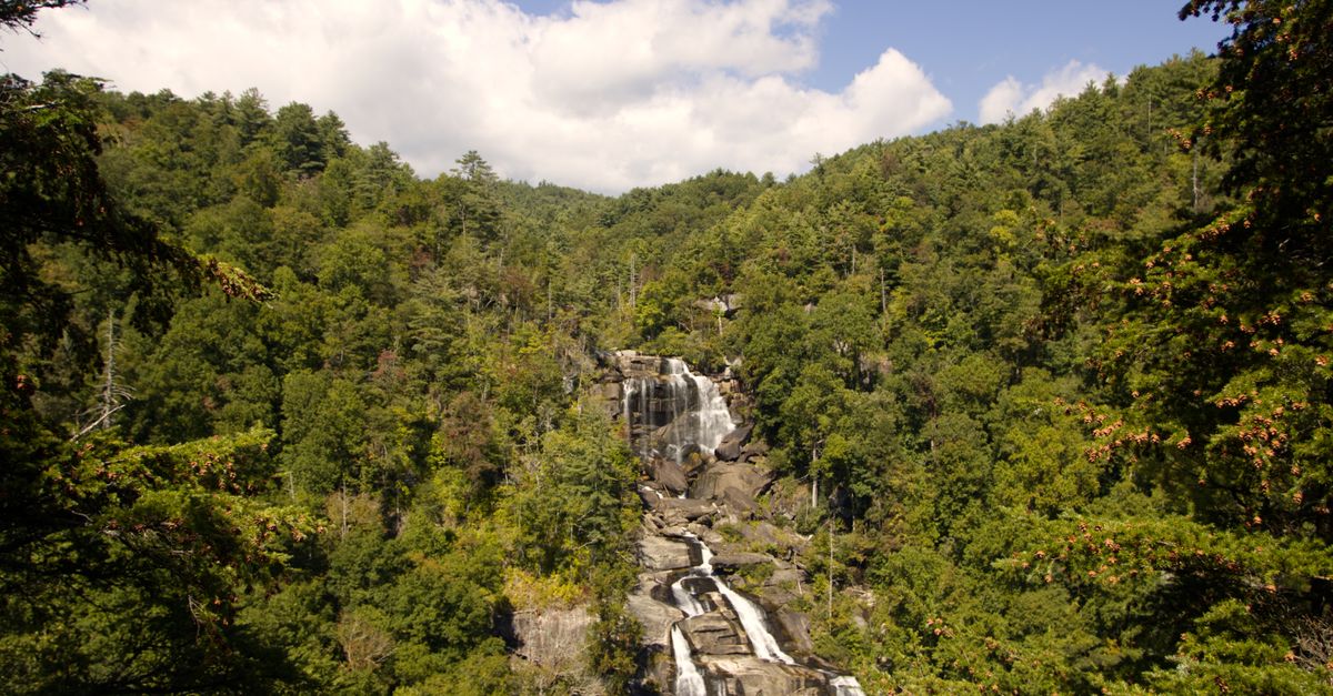 Breathtaking landscape of Whitewater Falls cascading through lush forests in North Carolina.