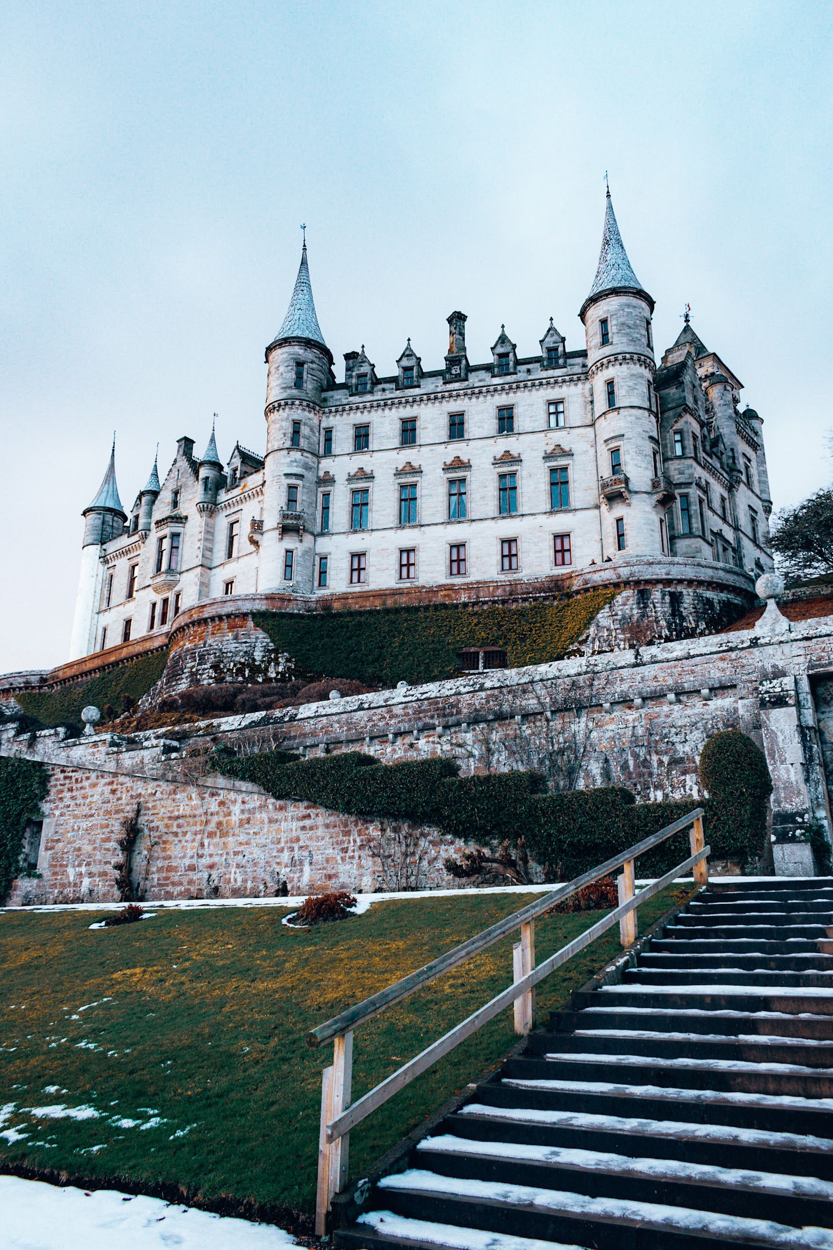 Explore the grandeur of Dunrobin Castle's architecture in Scotland, captured during winter.