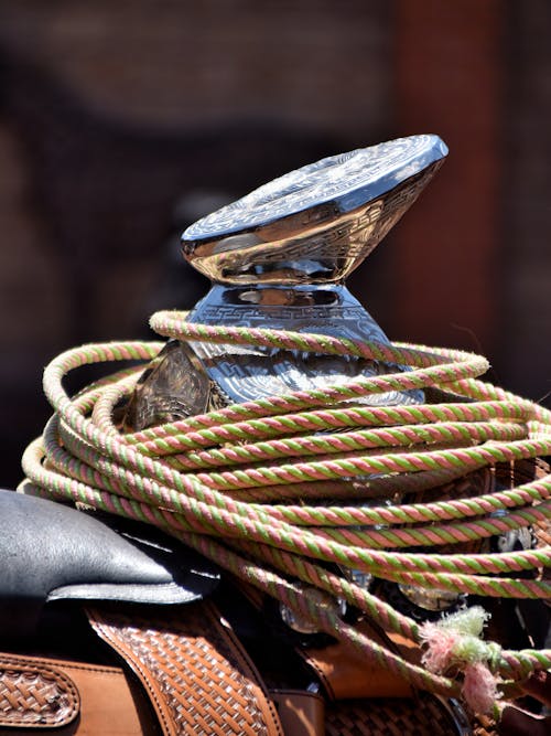 A close up of a cowboy's hat and a rope