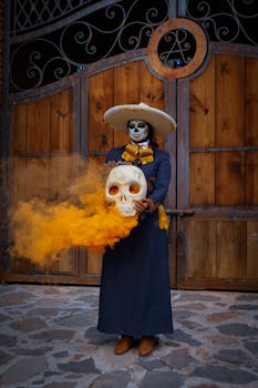 Person in traditional Day of the Dead costume holding a skull with orange smoke.