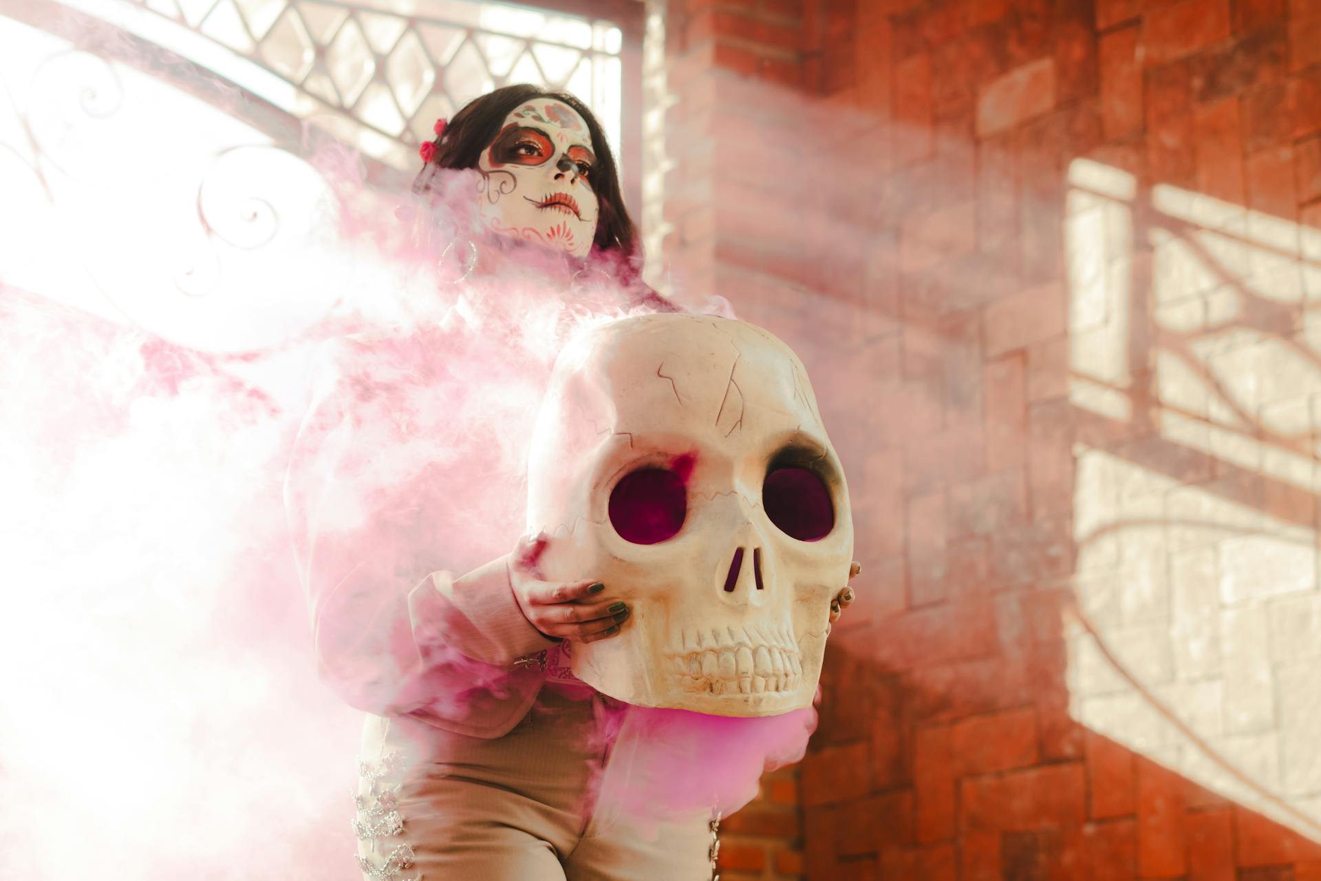 Catrina with Skull with Pink Smoke