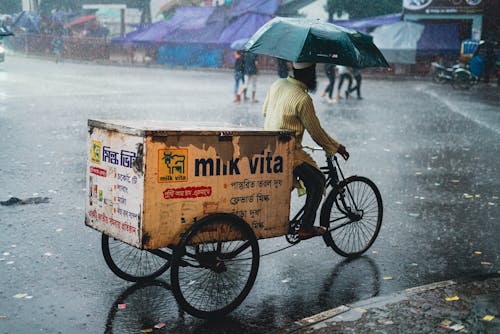 Man Riding Cycle Rickshaw under Umbrella