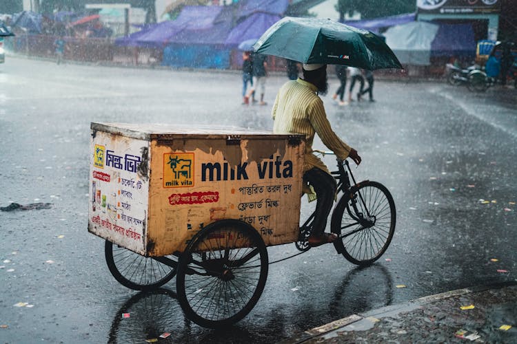 Man Riding Cycle Rickshaw Under Umbrella