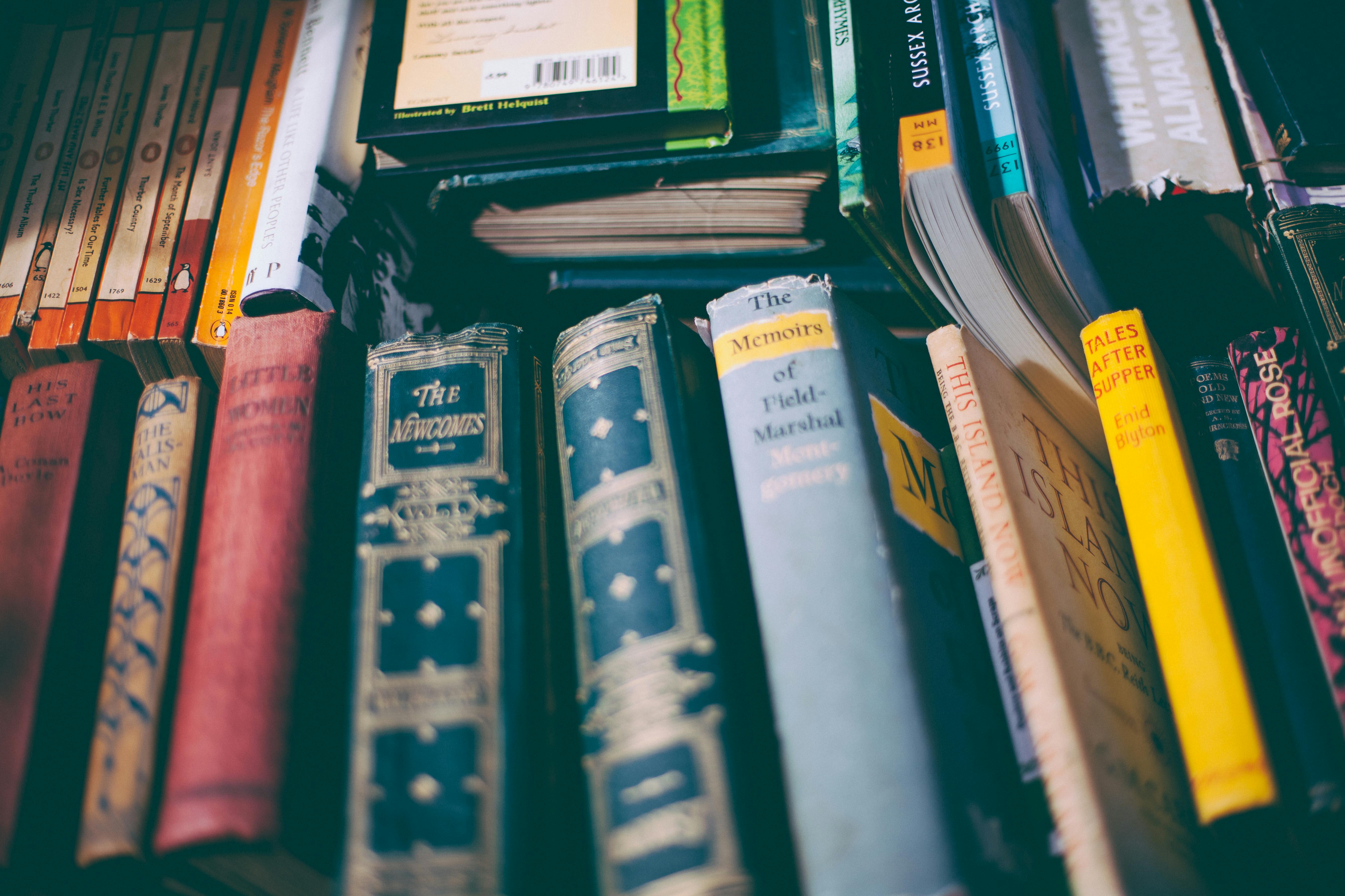 stack of brown and red printed hardbound books