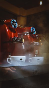 Close-up of elegant red espresso machines with steaming cups, perfect for café settings.