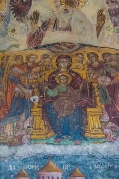 Byzantine fresco depicting Saint Mary and Christ at Sumela Monastery, featuring religious icons and vibrant colors.