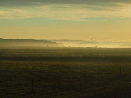 Free Tranquil countryside view with misty fields at sunrise, capturing the serene ambiance of nature. Stock Photo