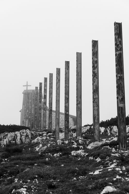 Free Black and white photo of a misty church scene in Styria, Austria. Stock Photo