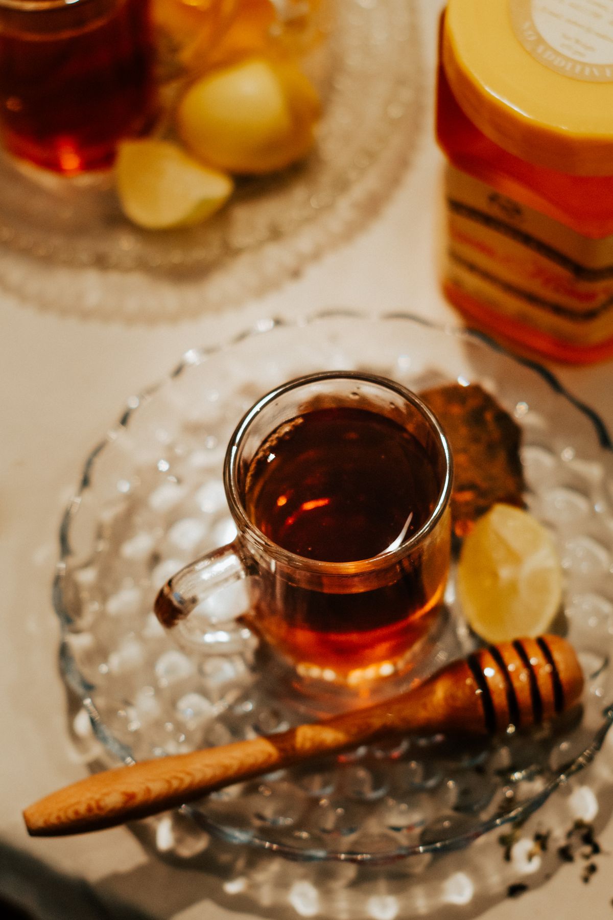 Warm tea with honey and lemon