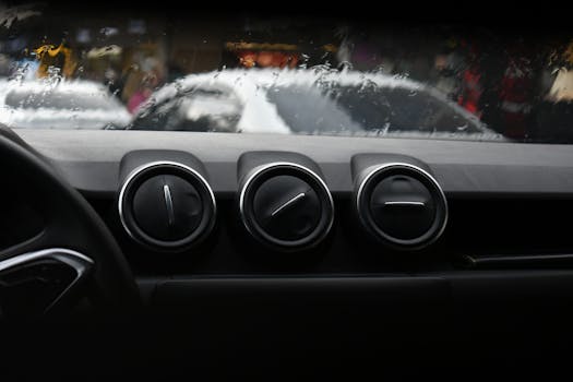 Close-up of car dashboard ventilation vents with a rainy windshield background.