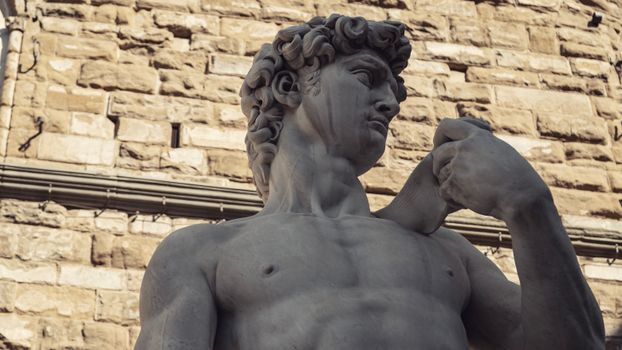 Detailed view of the iconic David sculpture in Florence by Michelangelo.
