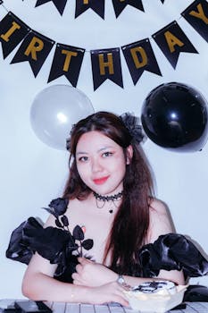 Young woman in gothic attire celebrates her birthday with themed decorations.