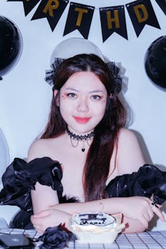 Young woman in gothic attire at an elegant birthday celebration with themed decor.