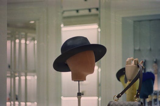 A fashionable black fedora on a mannequin's head in a contemporary retail store.