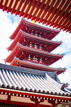 Stunning view of the Five-Storied Pagoda at Senso-Ji Temple in Tokyo, Japan, showcasing traditional architecture.
