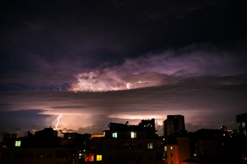 Storm with Thunders over City at Night