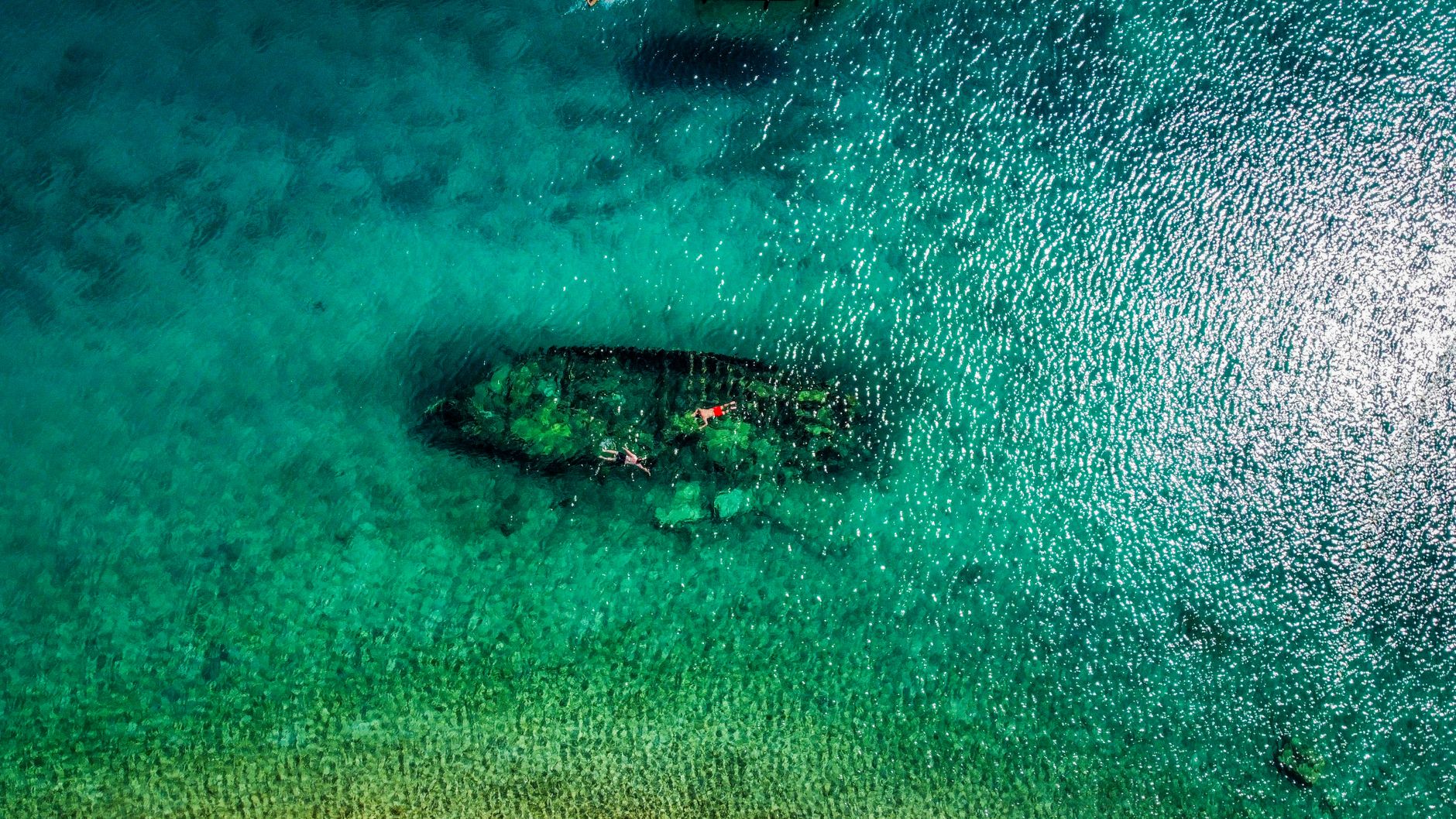 Aerial shot capturing swimmers exploring a shipwreck in vibrant turquoise waters.