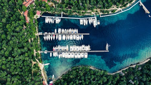 Aerial View of the Marina with Fully Moored Yachts