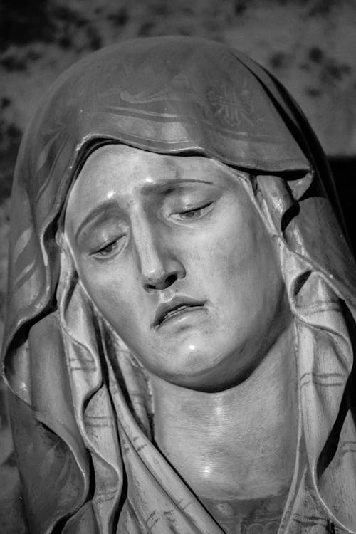 Sculpture of Virgin Mary Face in Black and White