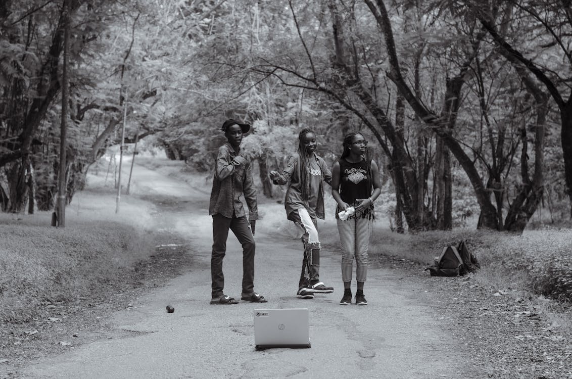 African People on a Path in Black and White