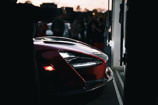 Close-up of a luxury sports car under dim lighting, showcasing sleek design and chrome reflections.