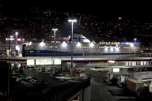 A brightly lit cruise ship moored at Genoa harbor under a starry night sky, showcasing urban maritime activity.