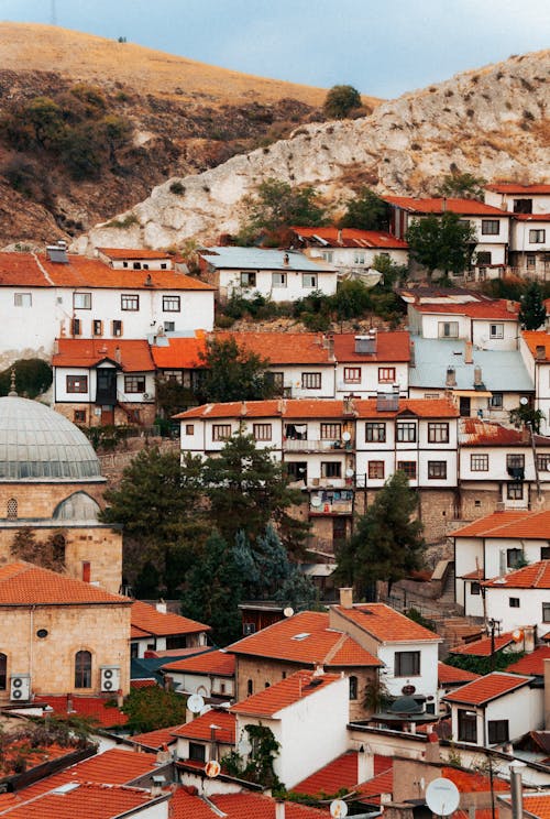 A city with many red roofs and white houses