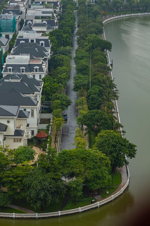 Free A scenic aerial view of a city canal surrounded by houses and lush green trees on a cloudy day. Stock Photo
