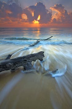 Captivating sunrise with dramatic clouds over a serene beach, showcasing waves and driftwood.