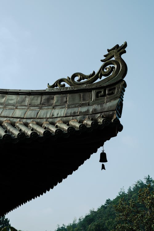 Old Traditional Temple Roof against Blue Sky