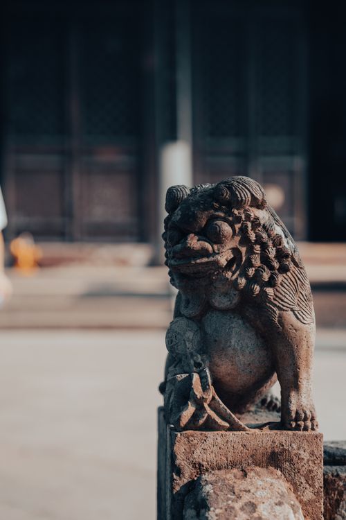 Free Close-up of an ancient stone lion statue outside a traditional Asian temple, highlighting cultural heritage. Stock Photo