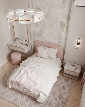 Aerial view of a stylish pastel-toned bedroom with elegant decor and furniture.