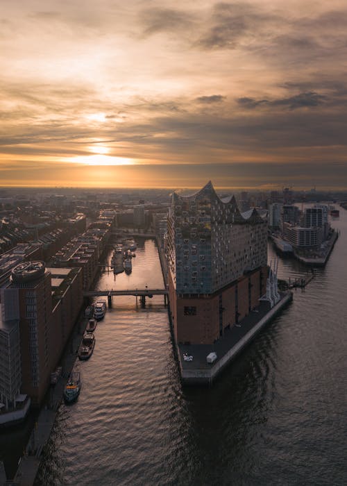 Aerial View of the Canals and Elbphilharmonie in Hamburg, Germany 