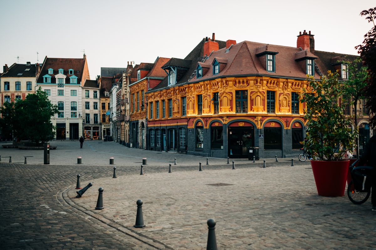 Colourful mannerist architecture in an open square in Lille
