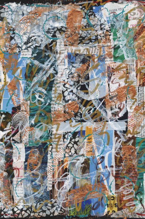 Free Colorful mixed media collage with layers of texture and torn newspapers, creating a dynamic abstract pattern. Stock Photo