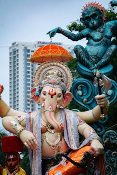 Colorful Ganesh idol during the festival in Mumbai, capturing the festive spirit of Ganesh Chaturthi.