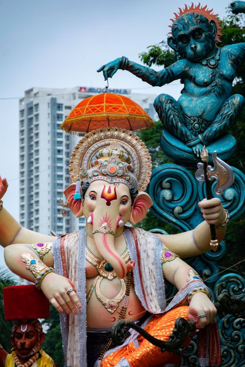 Free Colorful Ganesh idol during the festival in Mumbai, capturing the festive spirit of Ganesh Chaturthi. Stock Photo