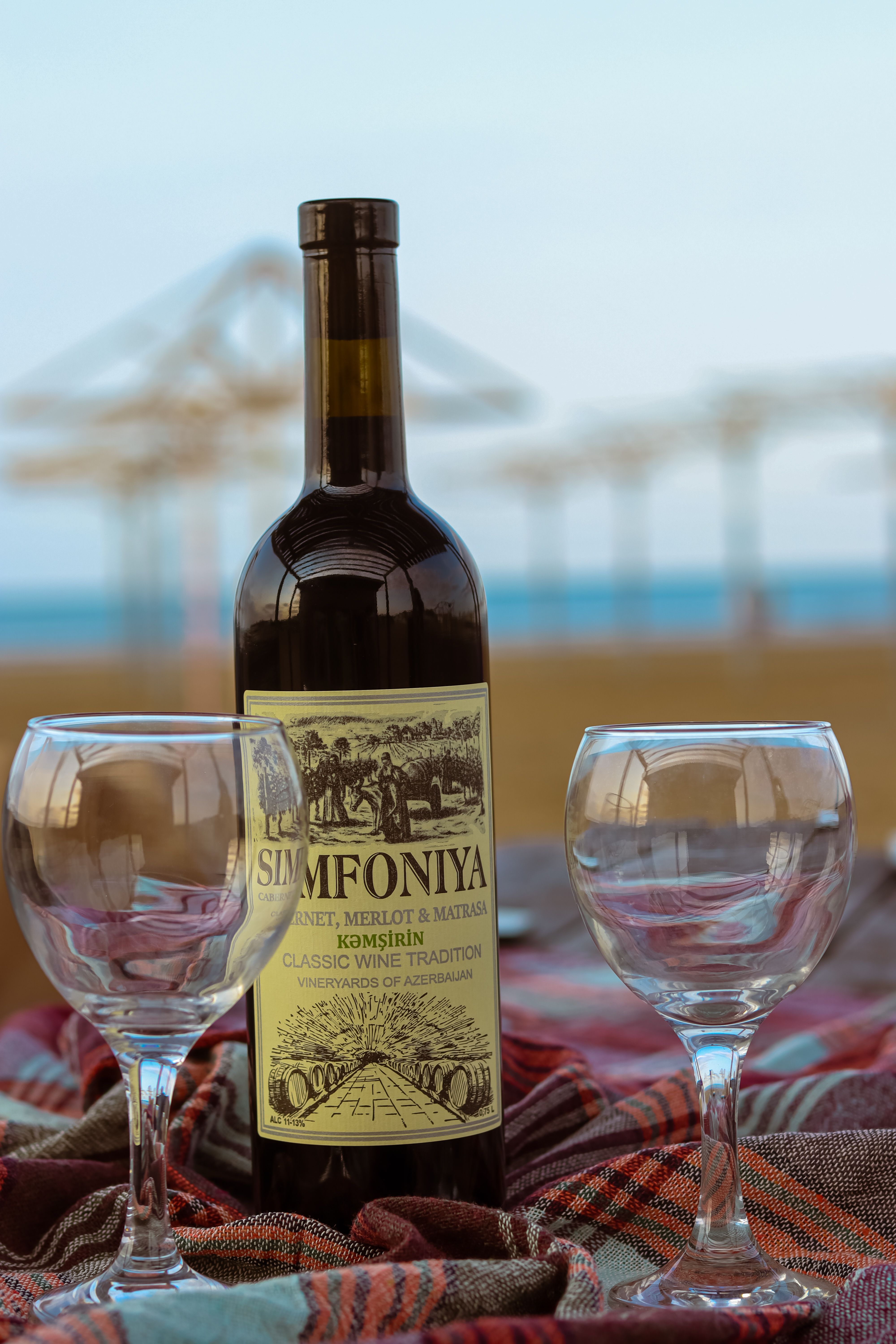 Elegant wine bottle and glasses set on a beach picnic setup, perfect for relaxing moments.