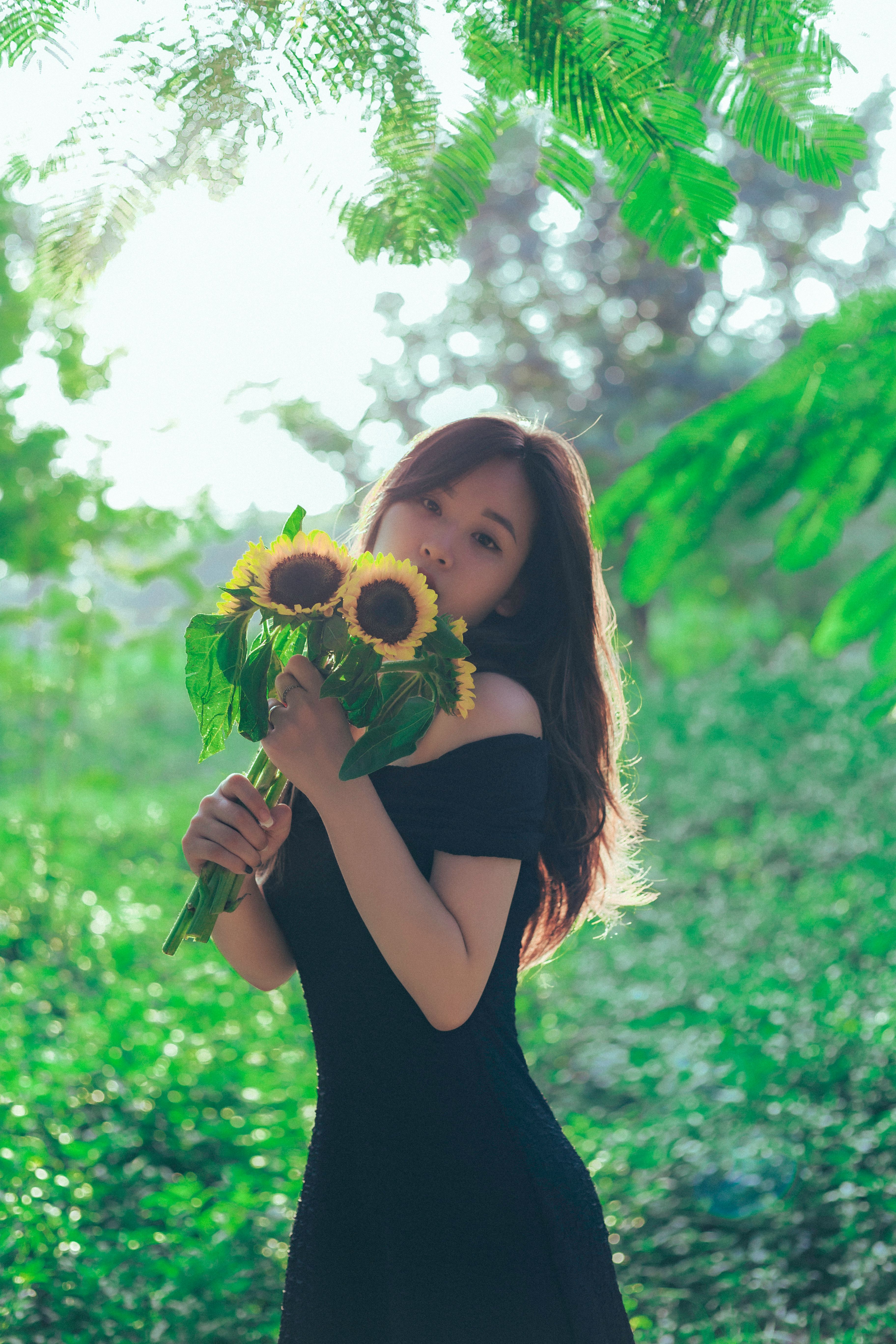 A woman in a black dress holding sunflowers  Free Stock Photo