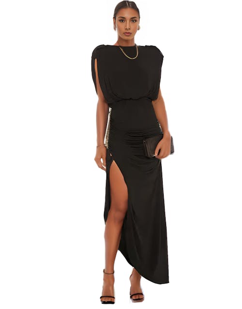 Black Evening Dress With Gold Chain Detailing - Ria I Front View I Mariam Hopkins Collection