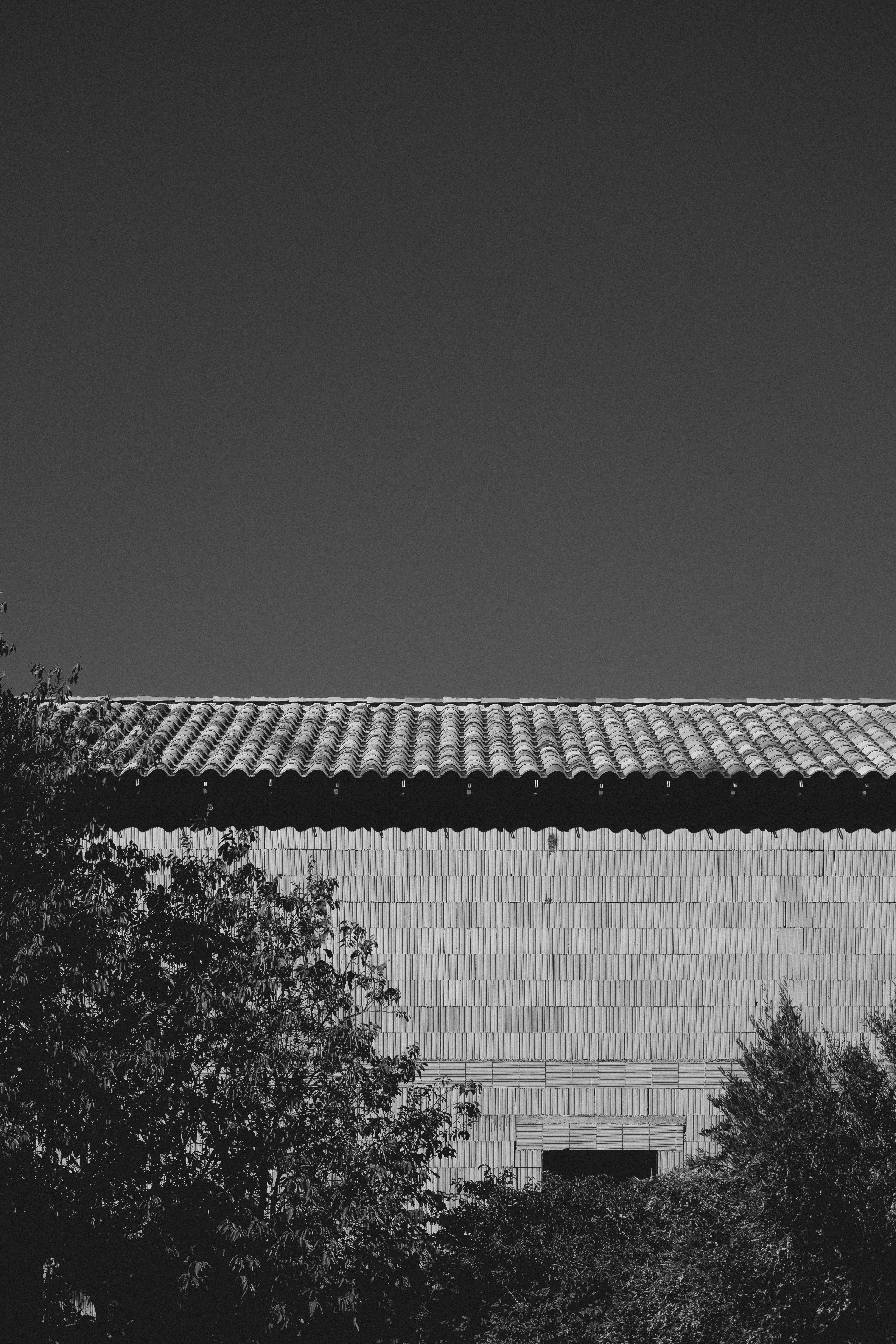 Monochrome image of a brick building with a classic tiled roof and trees.