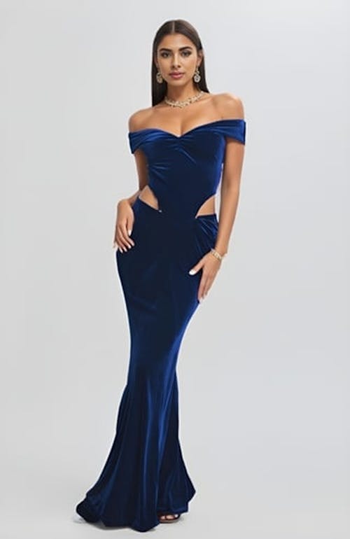 Blue Velvet Off-shoulder Dress - Naomi I Mariam Hopkins Collection