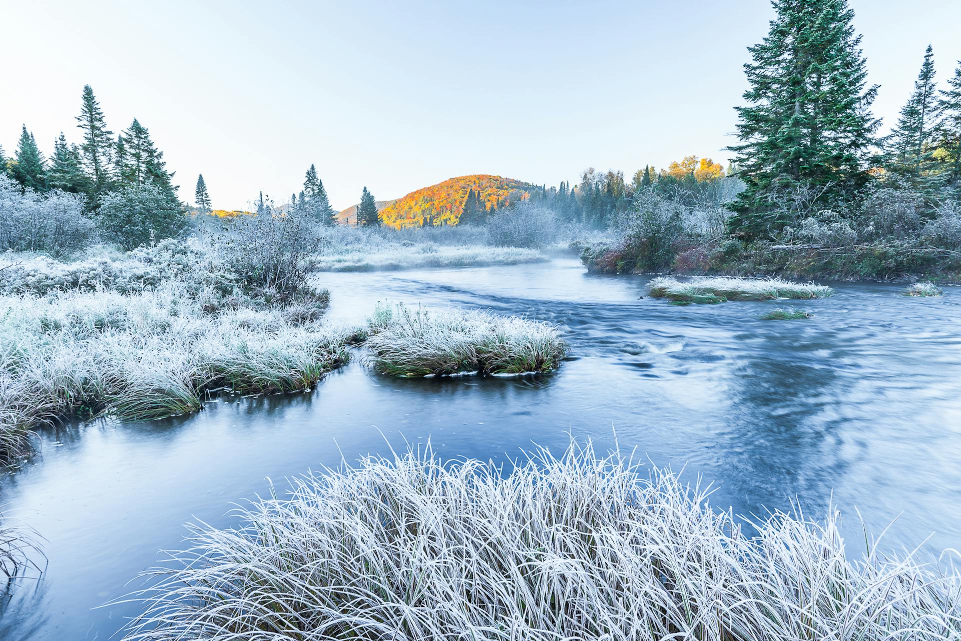 Captivating frosty landscape at Mont-Tremblant, Canada, featuring a serene stream and autumn colors at sunrise.