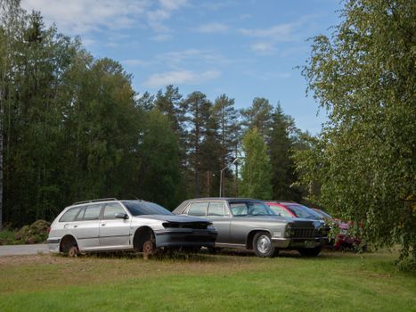 Vintage and modern cars parked in a serene forest setting in Övertorneå, Sweden.
